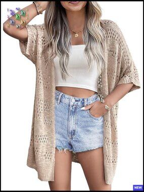 Lightweight Crochet Cardigan Oversized Boho Kimono Open Front Summer Coverup